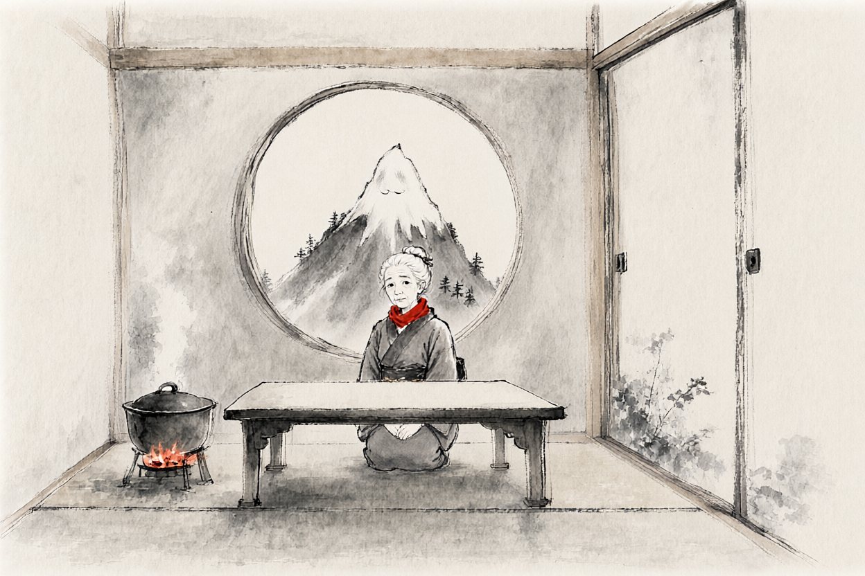 Every winter morning, Hana kneels at her table with the mountain in her window.