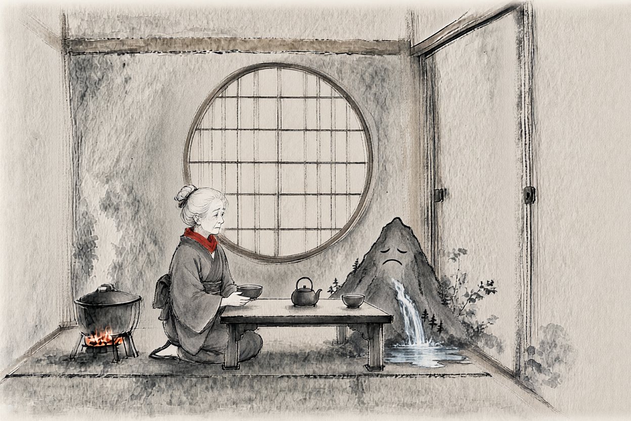 In the warm room its snow melts away. The mountain looks unhappy.