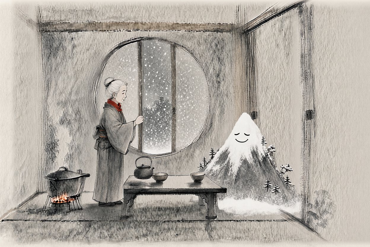 She throws the window open. The snow comes in, and the mountain smiles again.