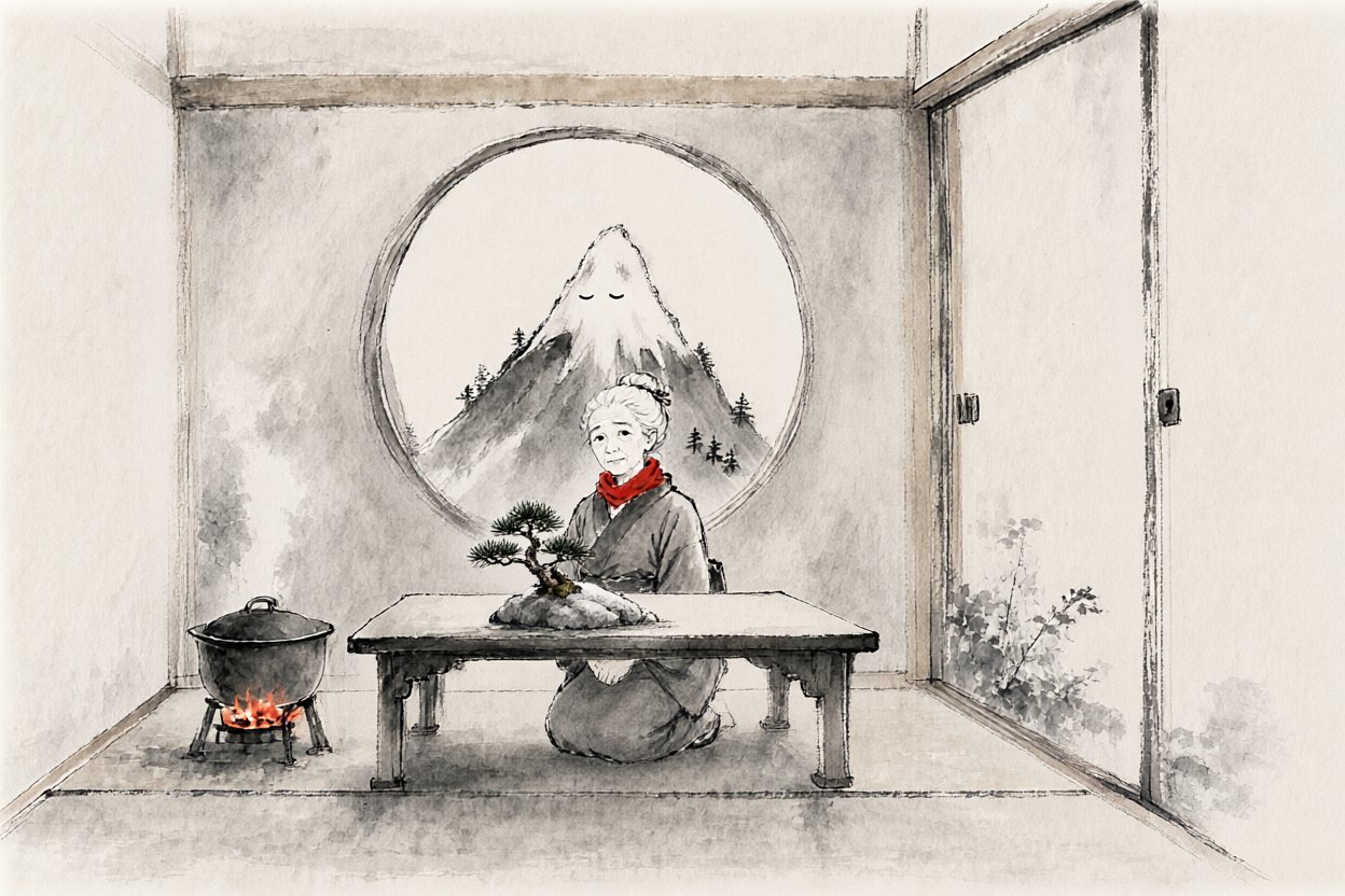 In the morning, a gift on her table: a tiny pine tree, growing on a piece of the mountain.