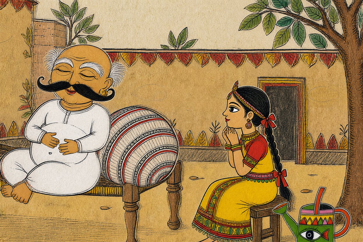 Every afternoon, Dada dozes on his charpai. Tara watches his enormous moustache.