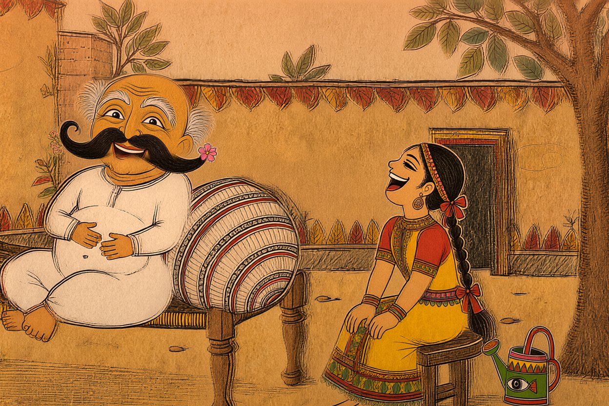 By evening it is just a moustache again — with one flower left in it. They laugh.