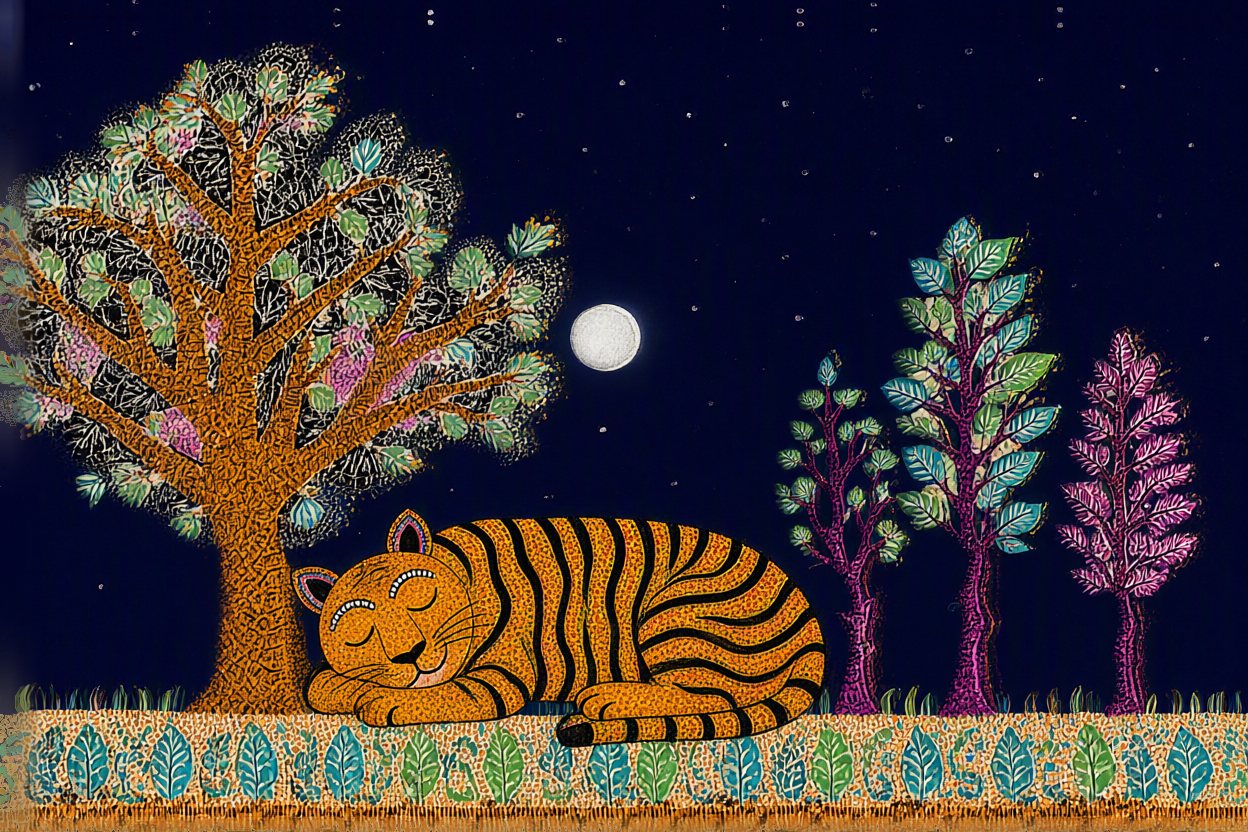 The tiger sleeps so deeply that his stripes get bored.