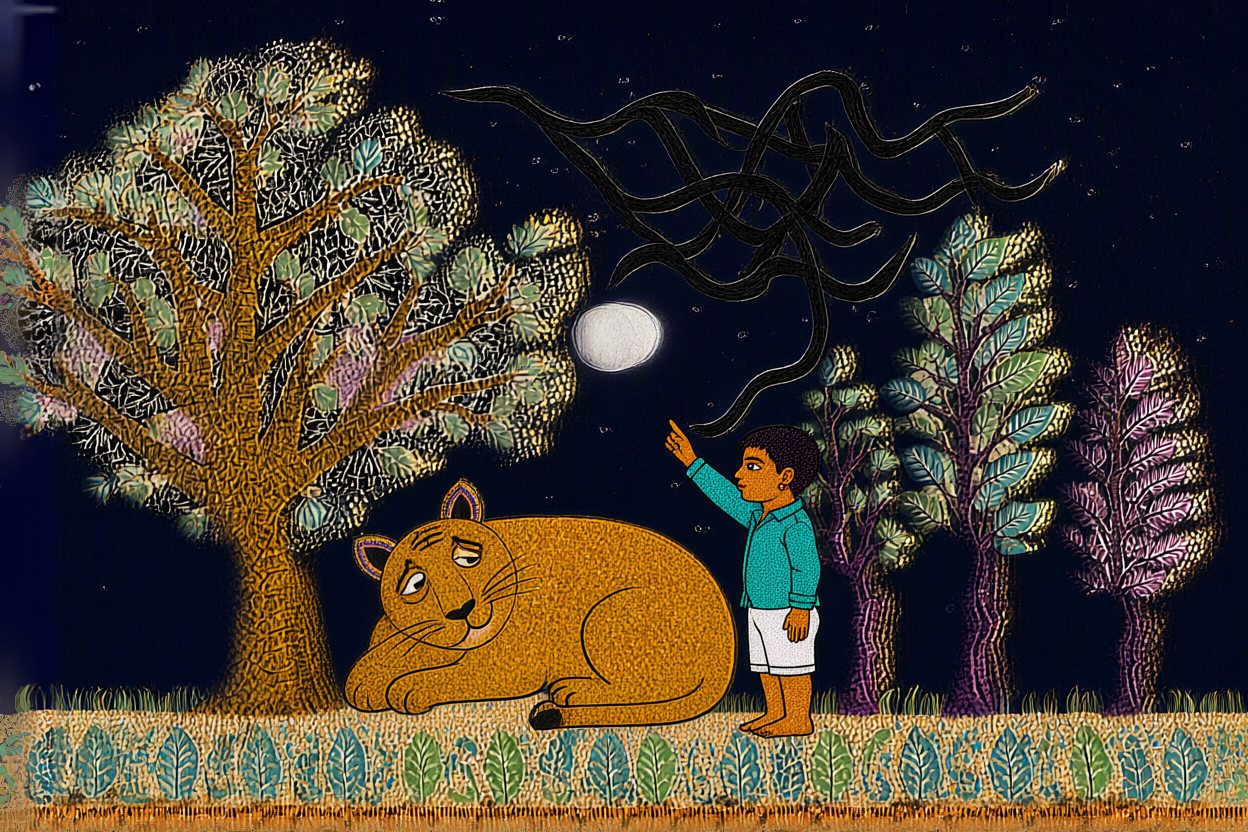 Raju finds the stripes, tangled up above the trees.