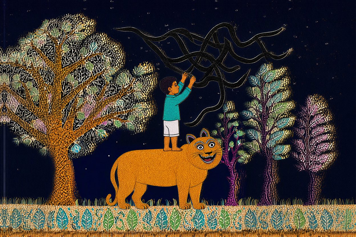 Standing on the tiger's back, Raju pulls them down.
