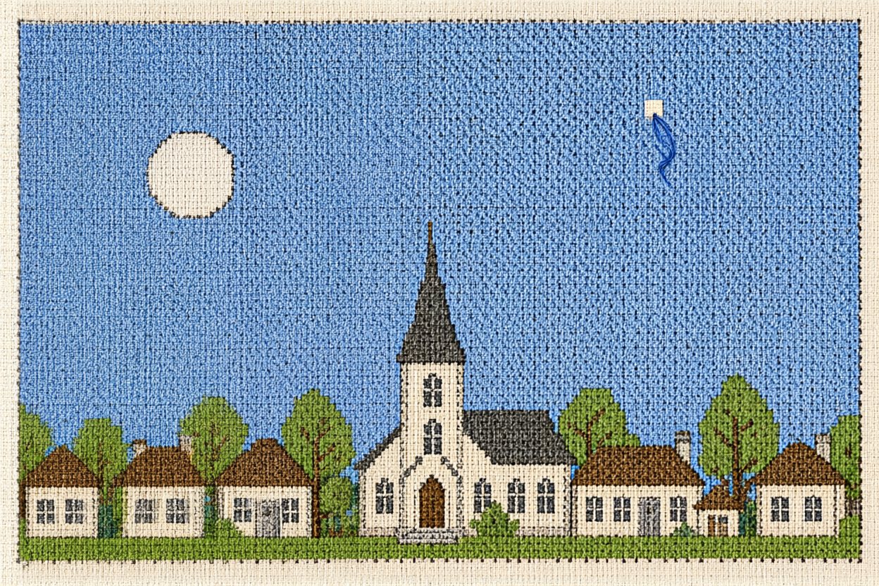 A village stitched on cloth. High in its blue sky, one stitch is missing.