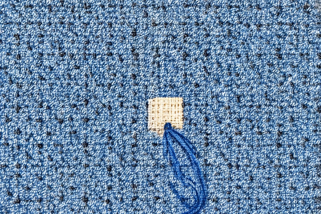 The missing stitch: bare cloth, and one loose end of blue thread.