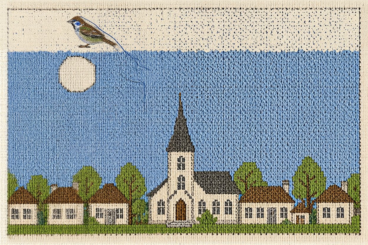 It flies off with the thread, and the top of the sky comes undone behind it.