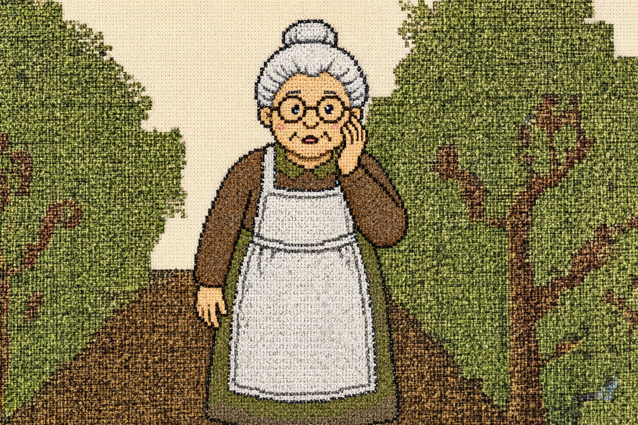 The old embroiderer sees the bare sky.