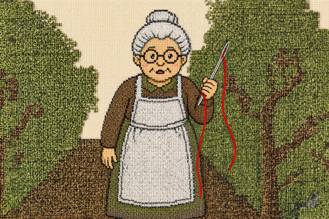 She takes up her needle. The only thread she has is red.