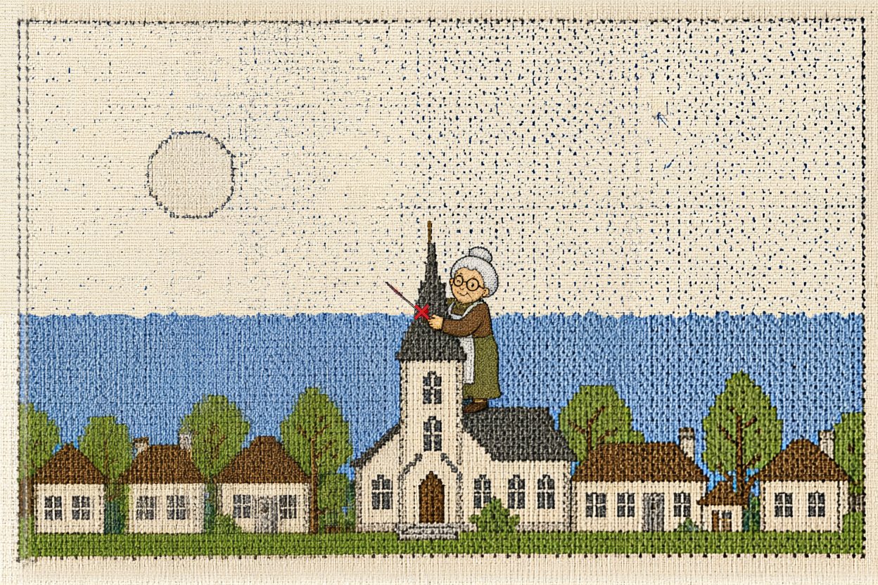She climbs the church spire and ties the ragged edge with one red stitch.