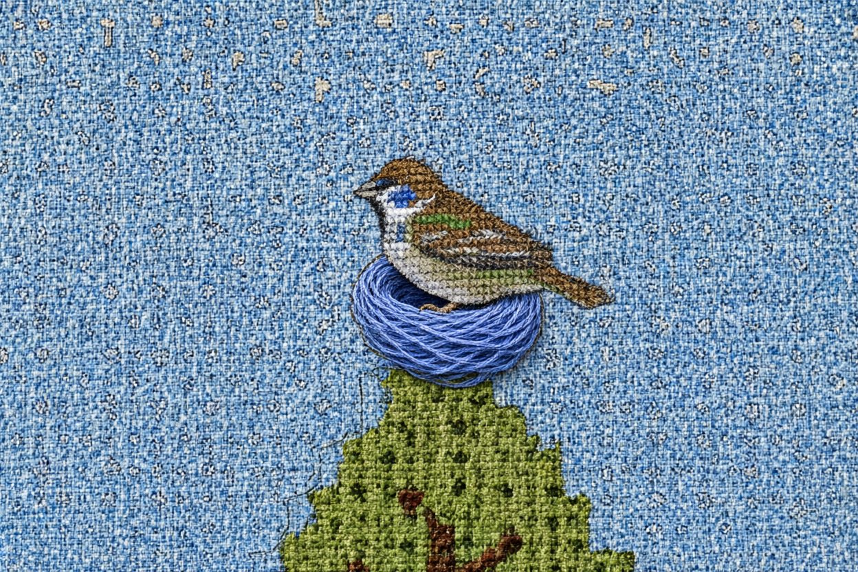 In a tree, the sparrow sits in a nest woven of blue thread.