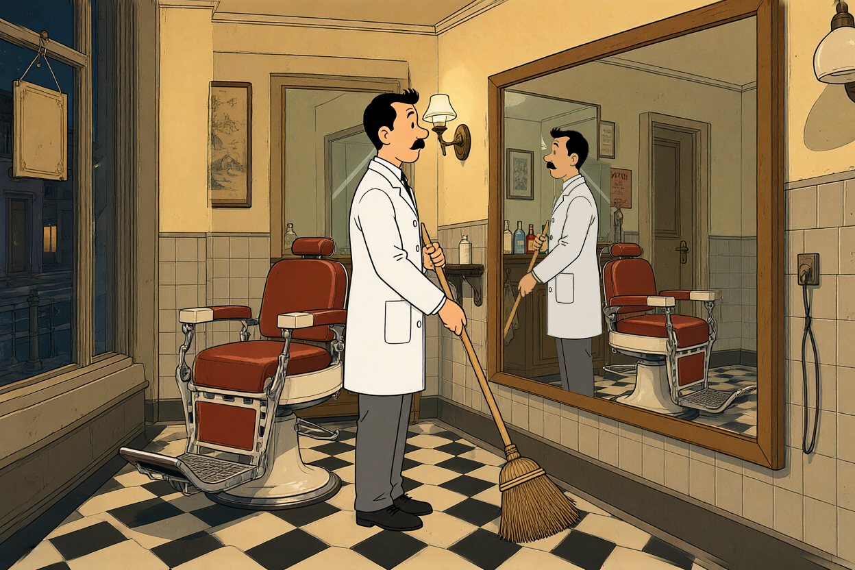 Closing time. The barber sweeps. In the big mirror, so does his reflection.