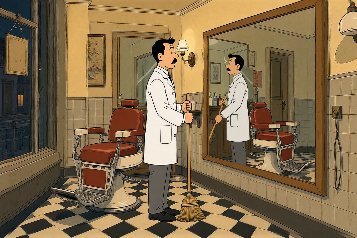 He stops. In the mirror, his reflection keeps sweeping.