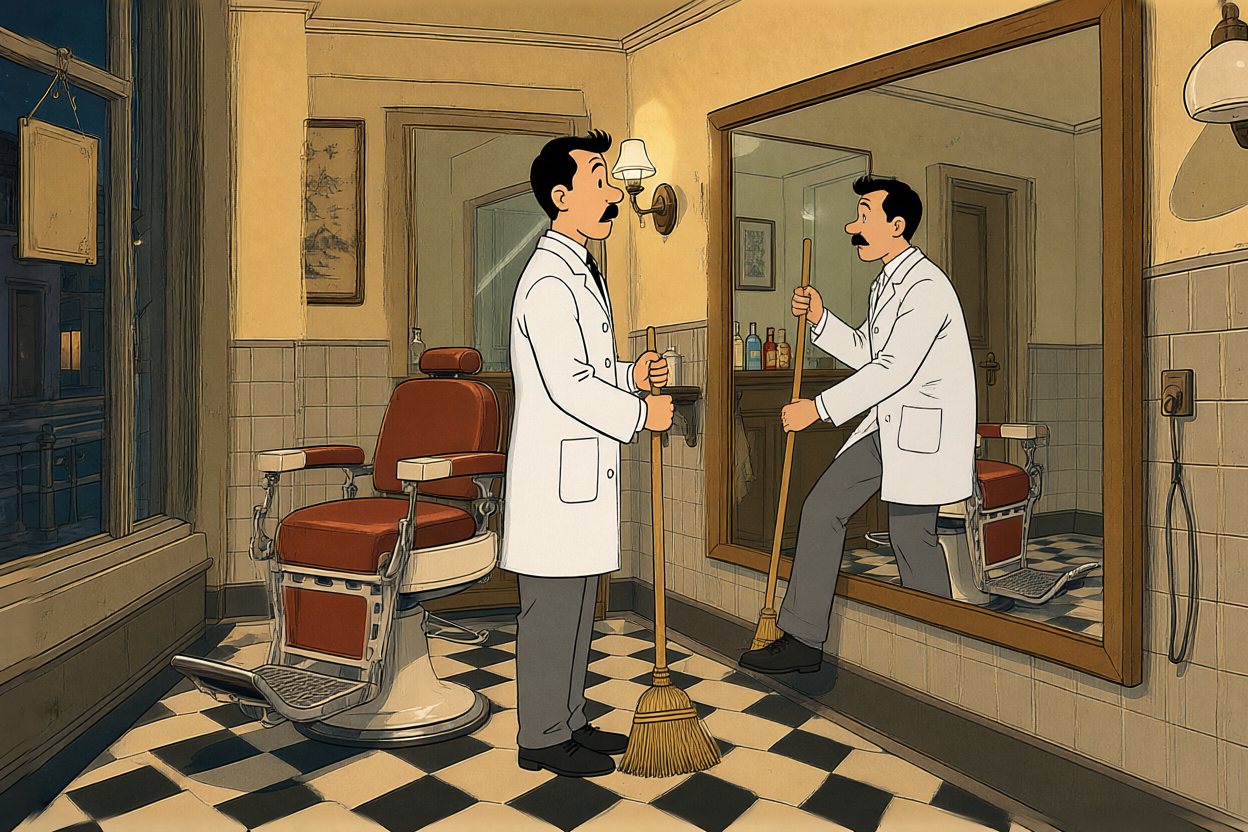 His reflection steps out of the mirror onto the shop floor, broom in hand.