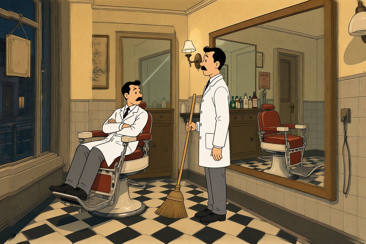 The barber sits back in his chair. His double takes the broom. The mirror is empty.