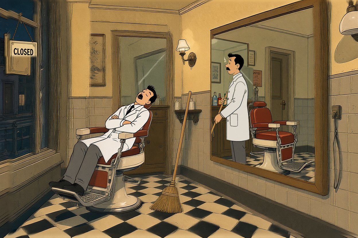 He falls asleep in the chair. In the mirror, his reflection is still sweeping.