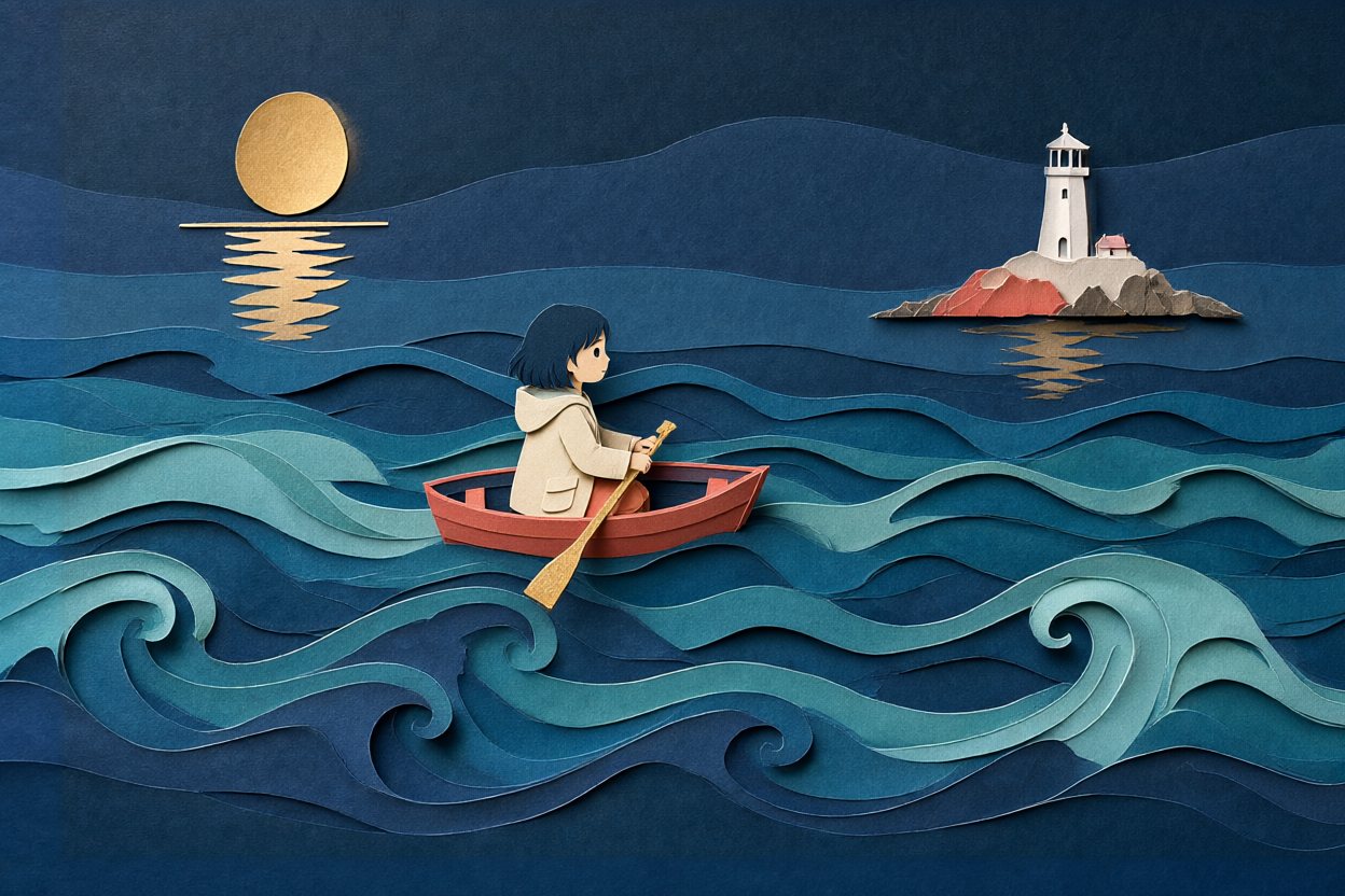 A paper girl rows a paper boat across a paper sea, toward a lighthouse.