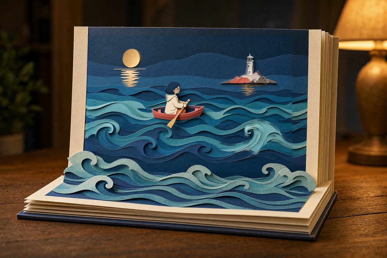 Pull back: the sea is a page of an open pop-up book, on a table.