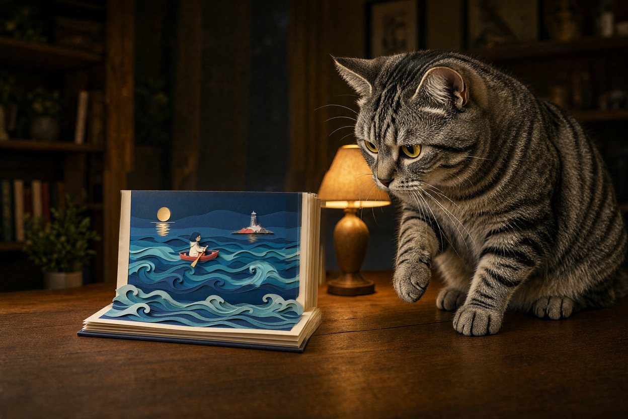 Pull back again: a huge cat creeps up beside the book, one paw raised.