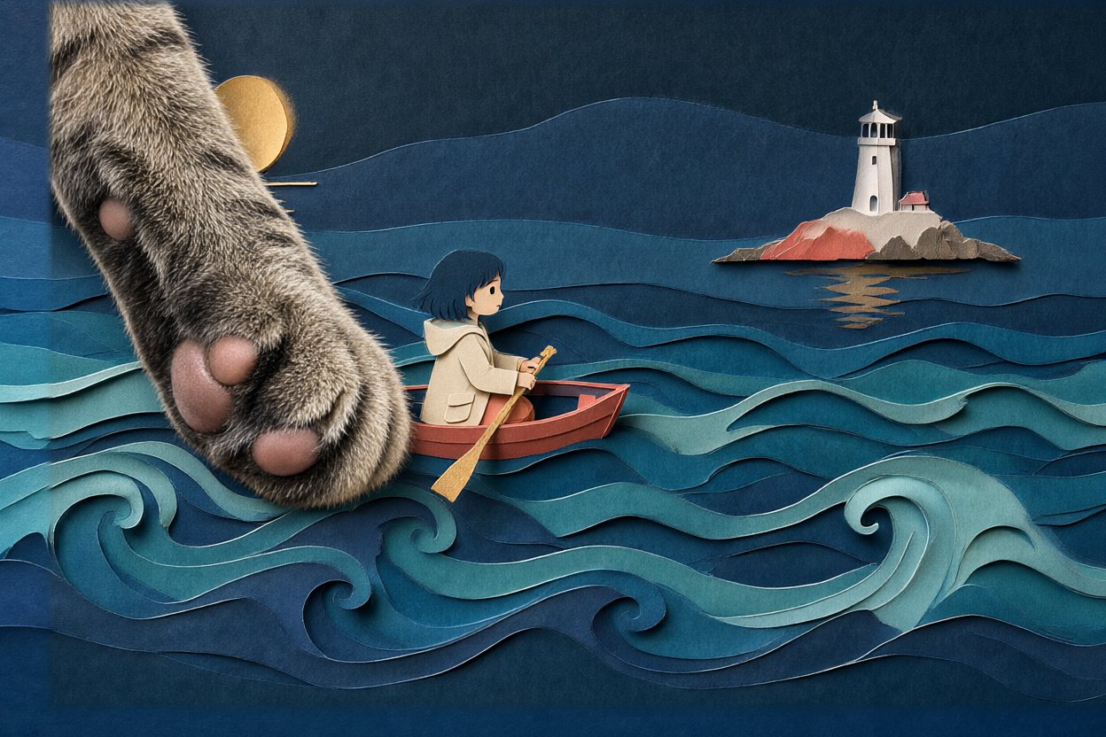 Inside the book, a giant furry paw comes down out of the paper sky.