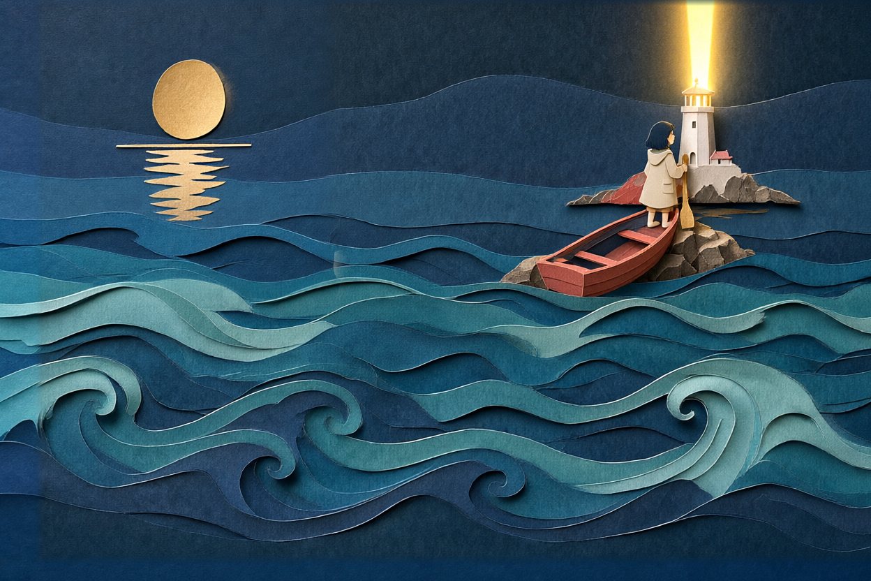 She reaches the lighthouse; its beam shoots straight up at the sky.