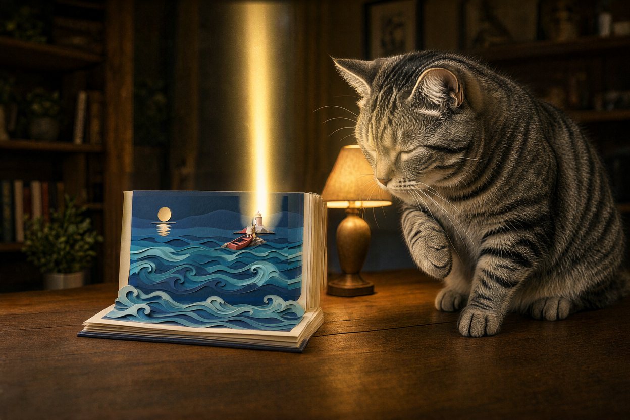 Outside, the beam flares up out of the book beside the cat; it shuts its eyes.