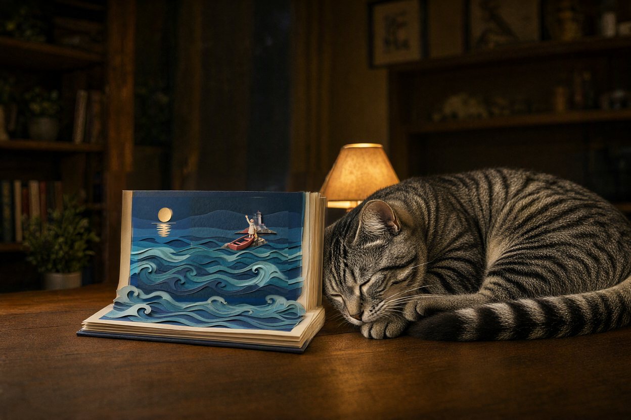 Outside, the cat has curled up against the book, eyes closed. In the book, tiny, she is still waving.