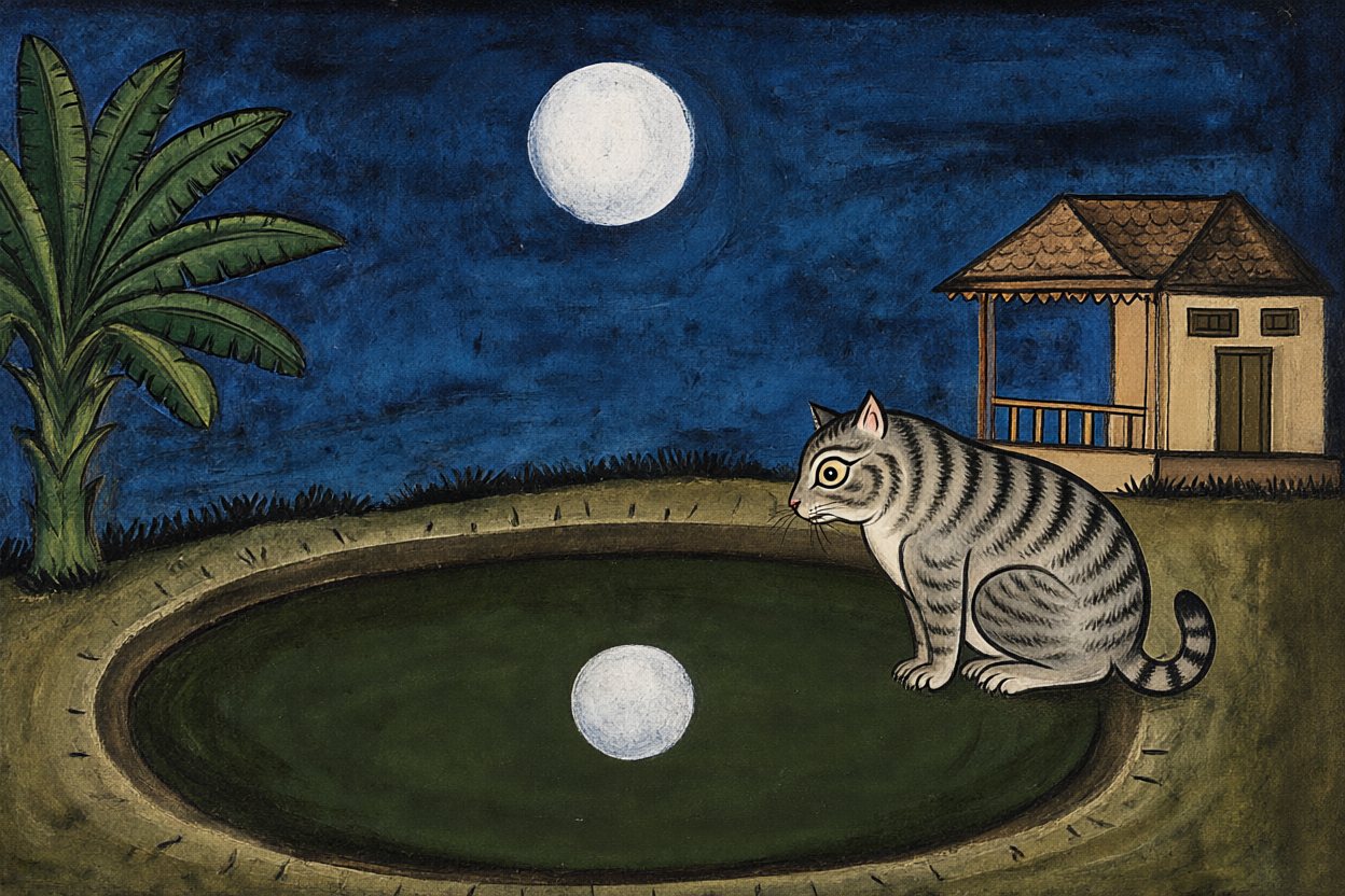 Every night, the fat cat by the pond stares at the moon in the water.