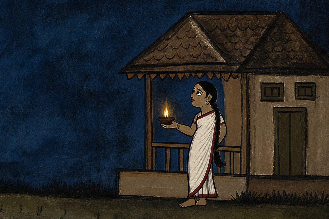 Tumpa comes out with her lamp. Where has the moon gone?