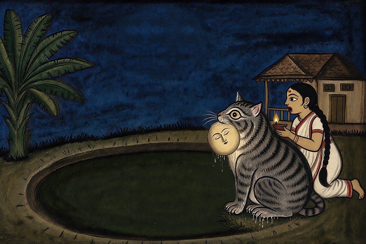 She finds the cat, with the moon in its mouth.