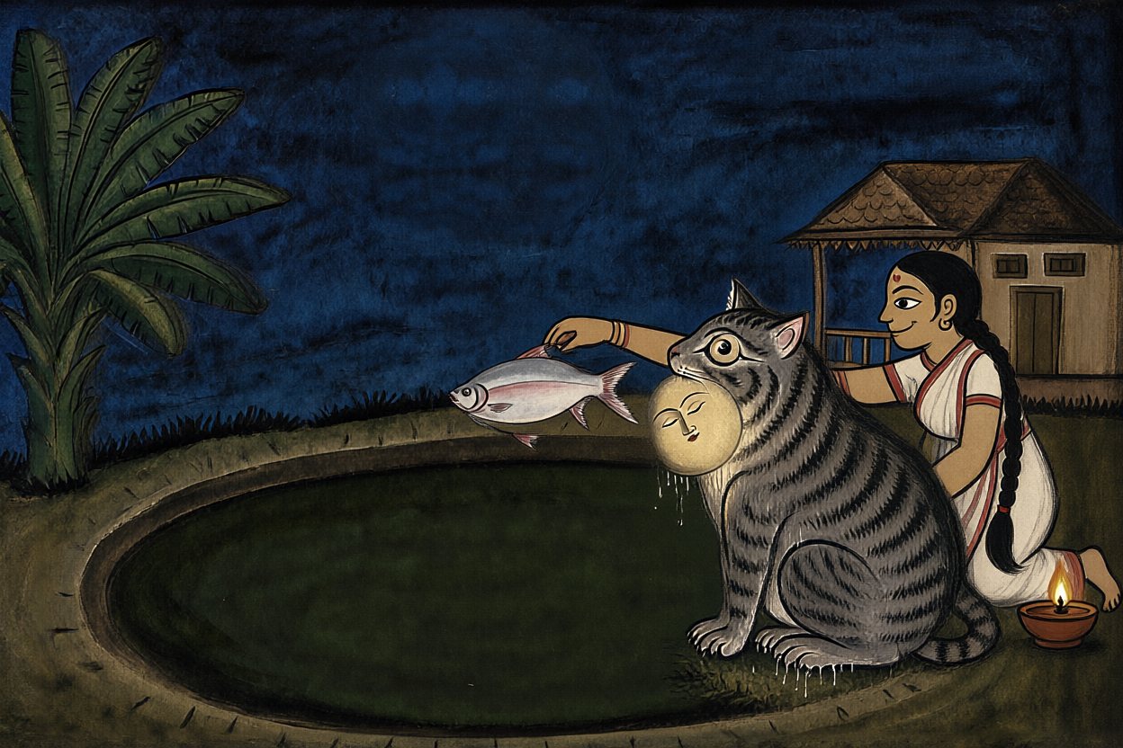 She sets down her lamp and dangles a fish under its nose.