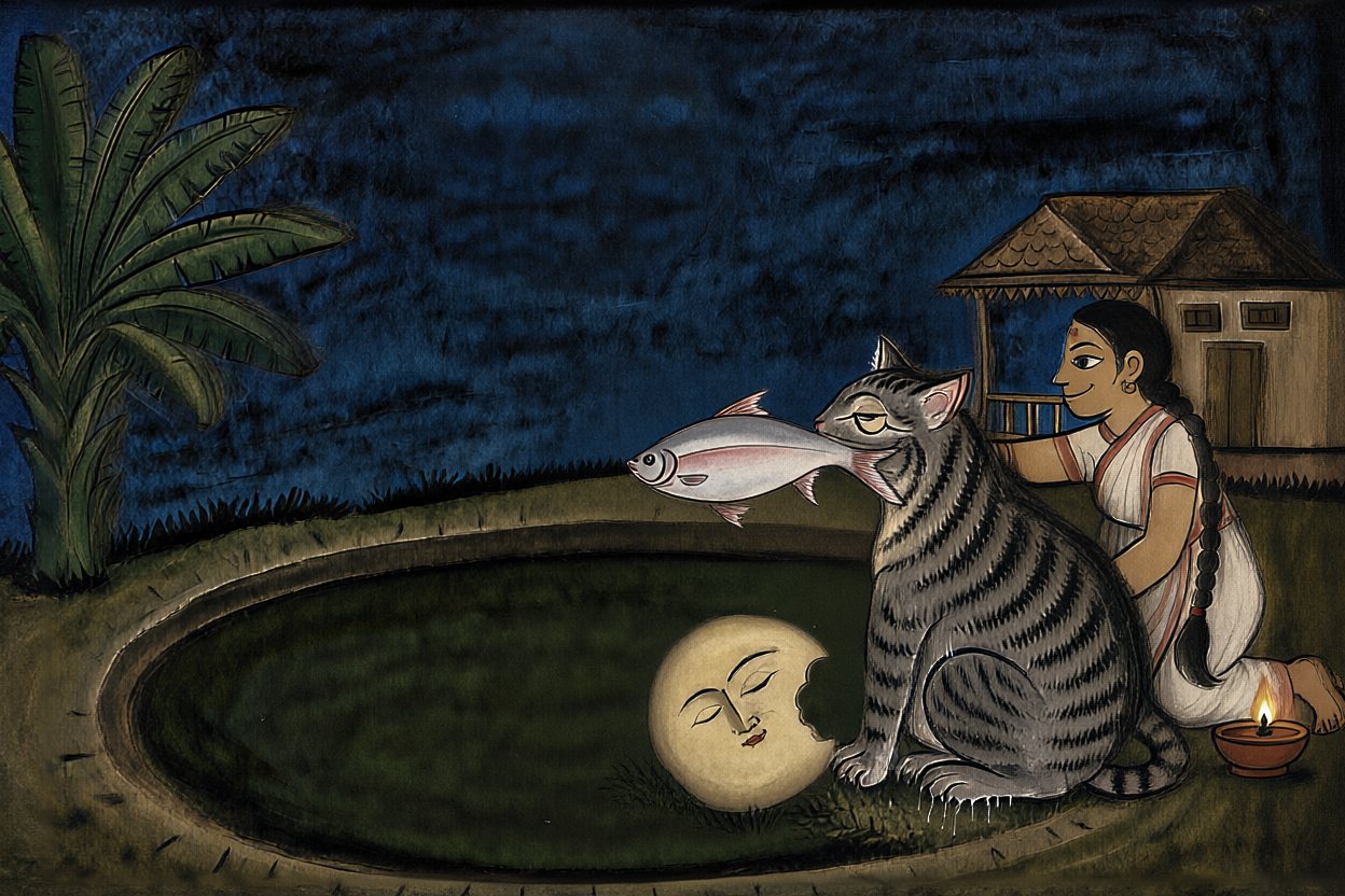 The cat takes the fish; the bitten moon rolls onto the grass.