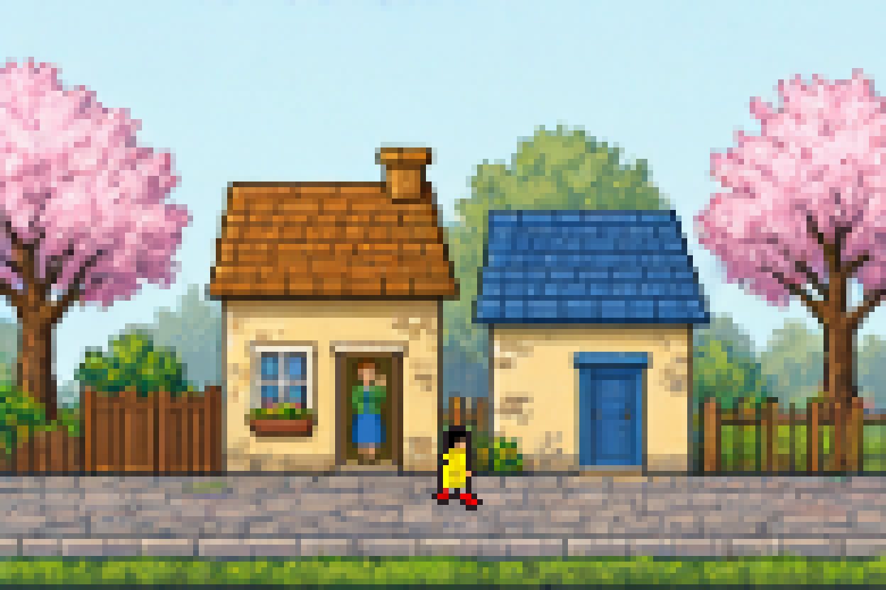 Spring. A small girl in a yellow raincoat and red boots sets off along the street; her mum waves from their open door.