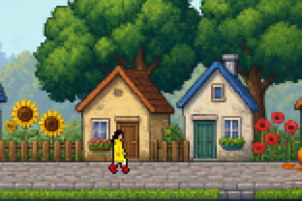 Summer: big green trees, sunflowers. She is a grown woman, in the same yellow coat.