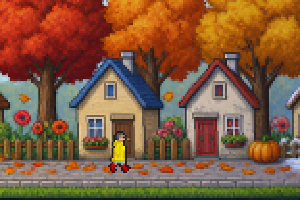 Autumn. Leaves falling on the cobbles; her hair is going grey.
