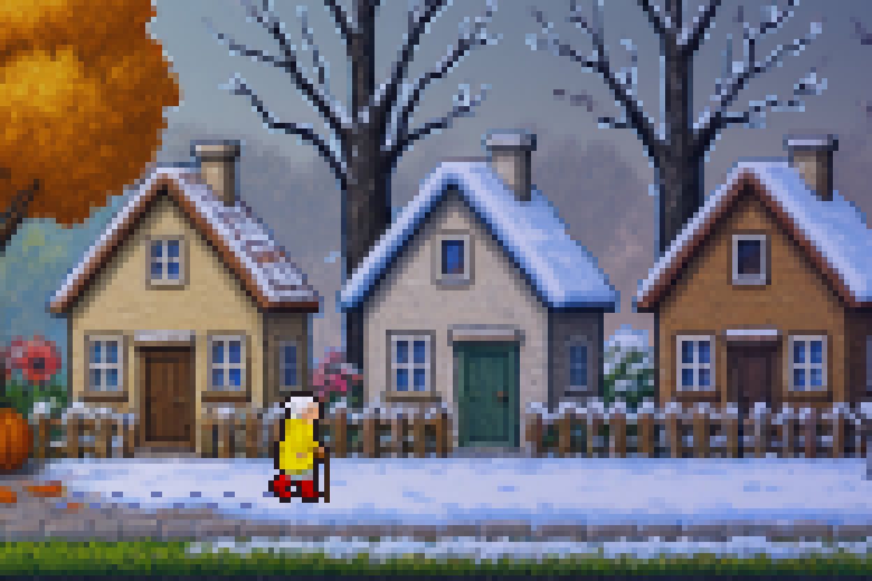 Snow. An old woman with a cane, in the same red boots.