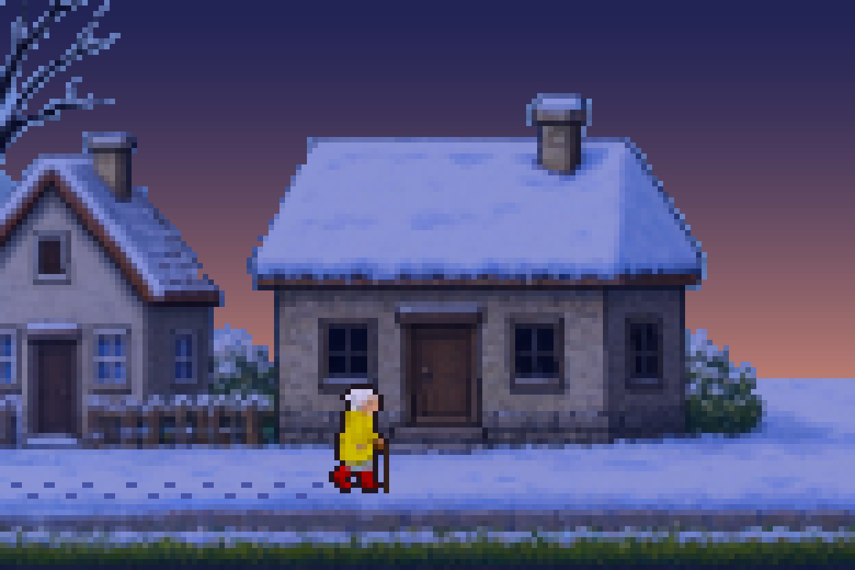 Dusk. The street ends at a cottage in the snow. The windows are dark; nobody is in.