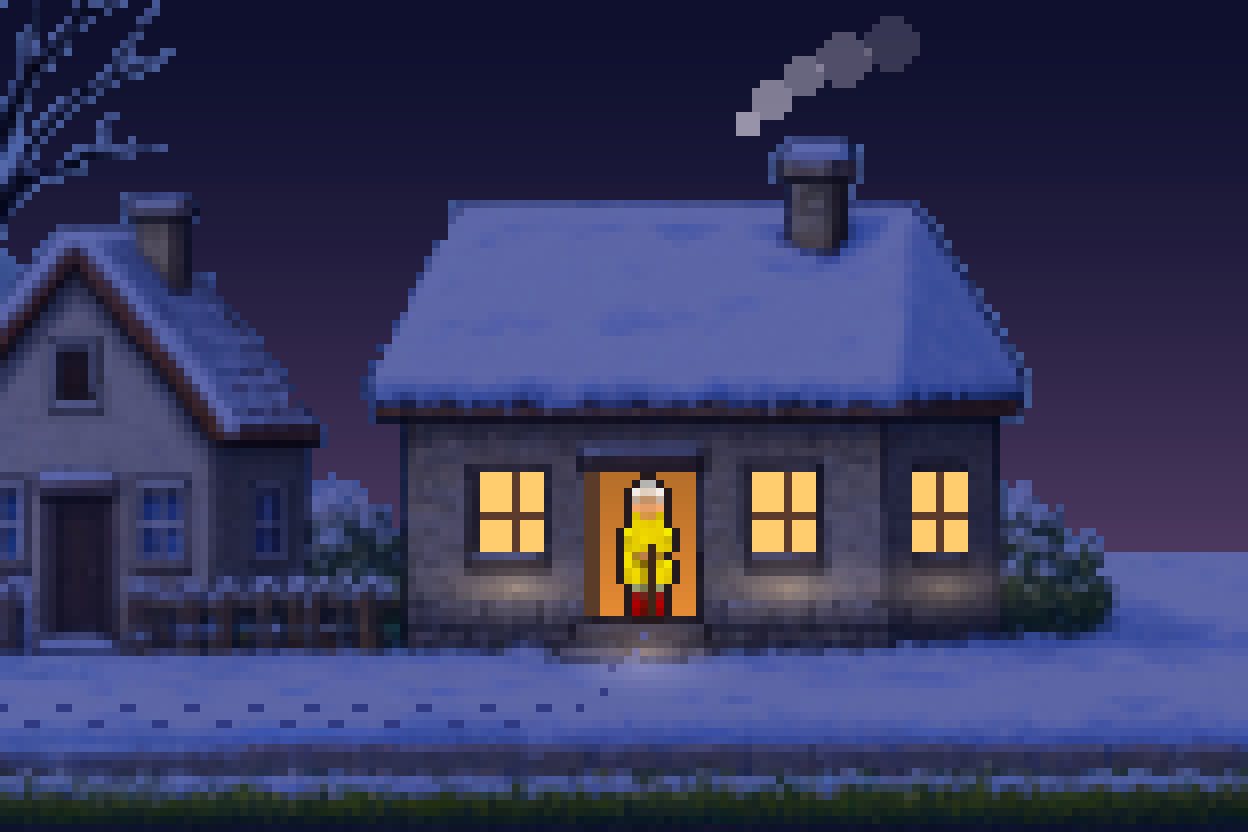 Night. The windows are lit, smoke from the chimney — she stands in the open door.