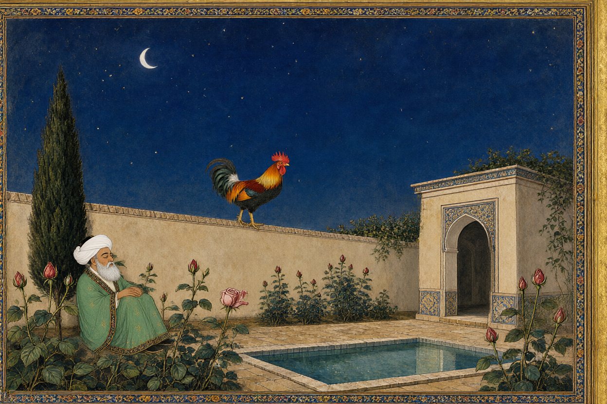 In a walled garden, a rooster who can never wait for morning.