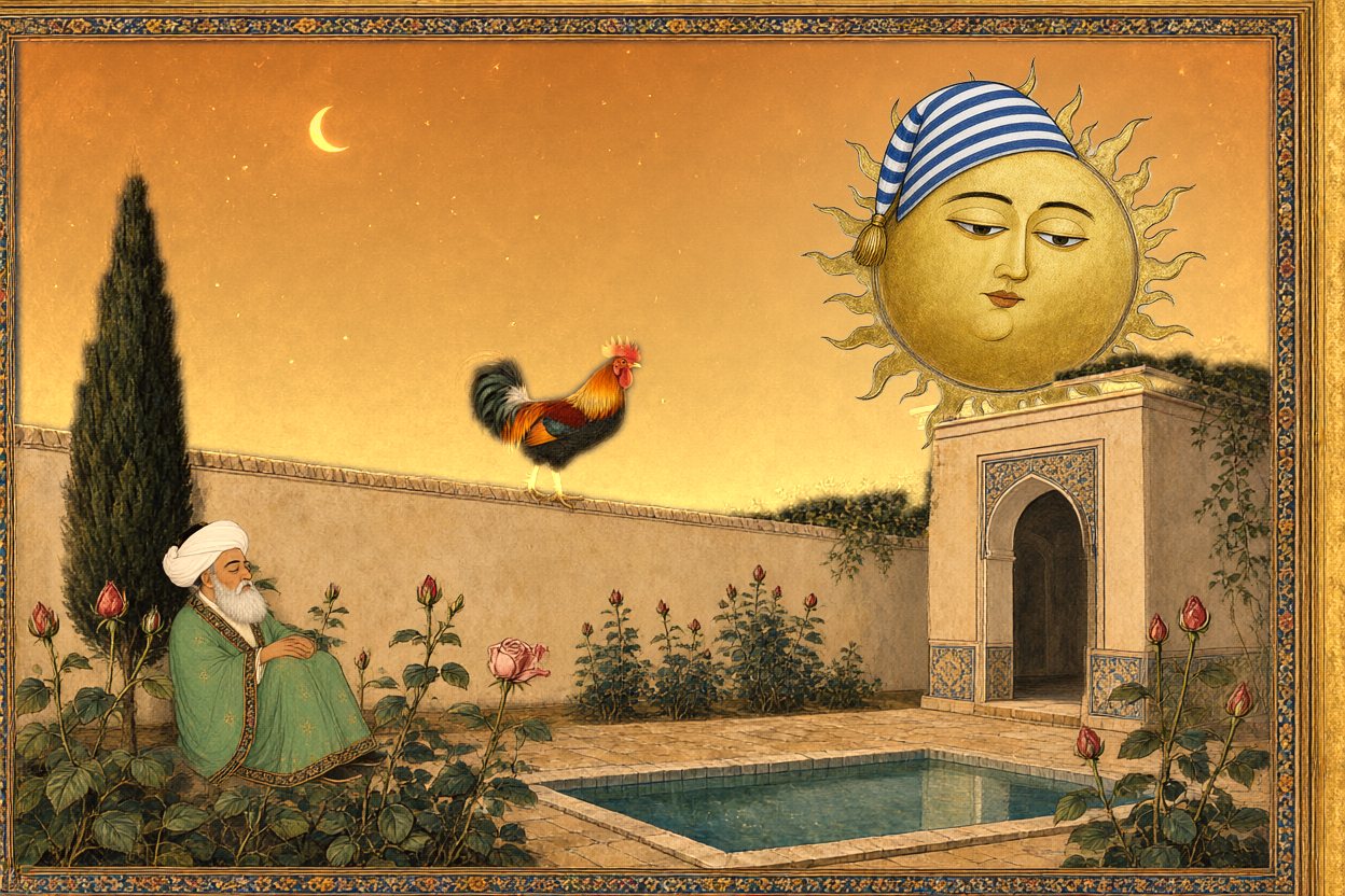 And the sun gets up — still in its nightcap.