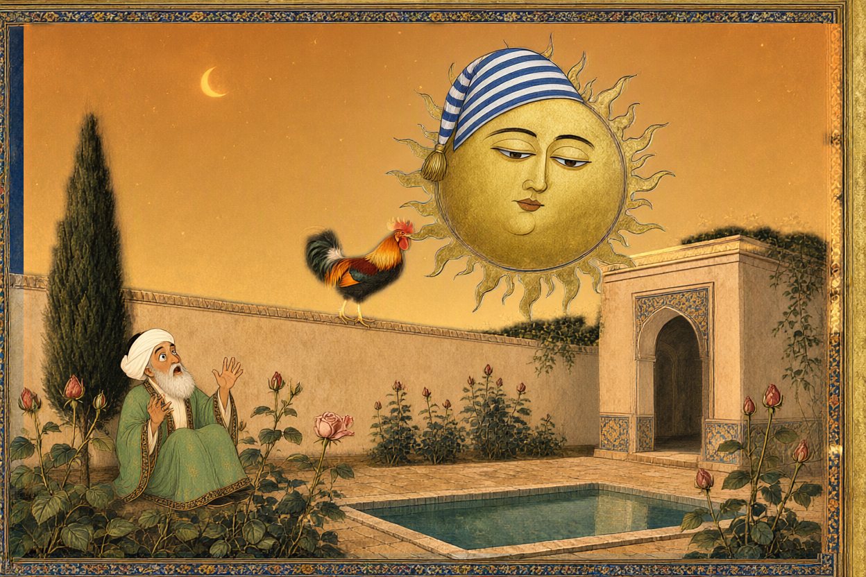 The old gardener wakes to a golden midnight.