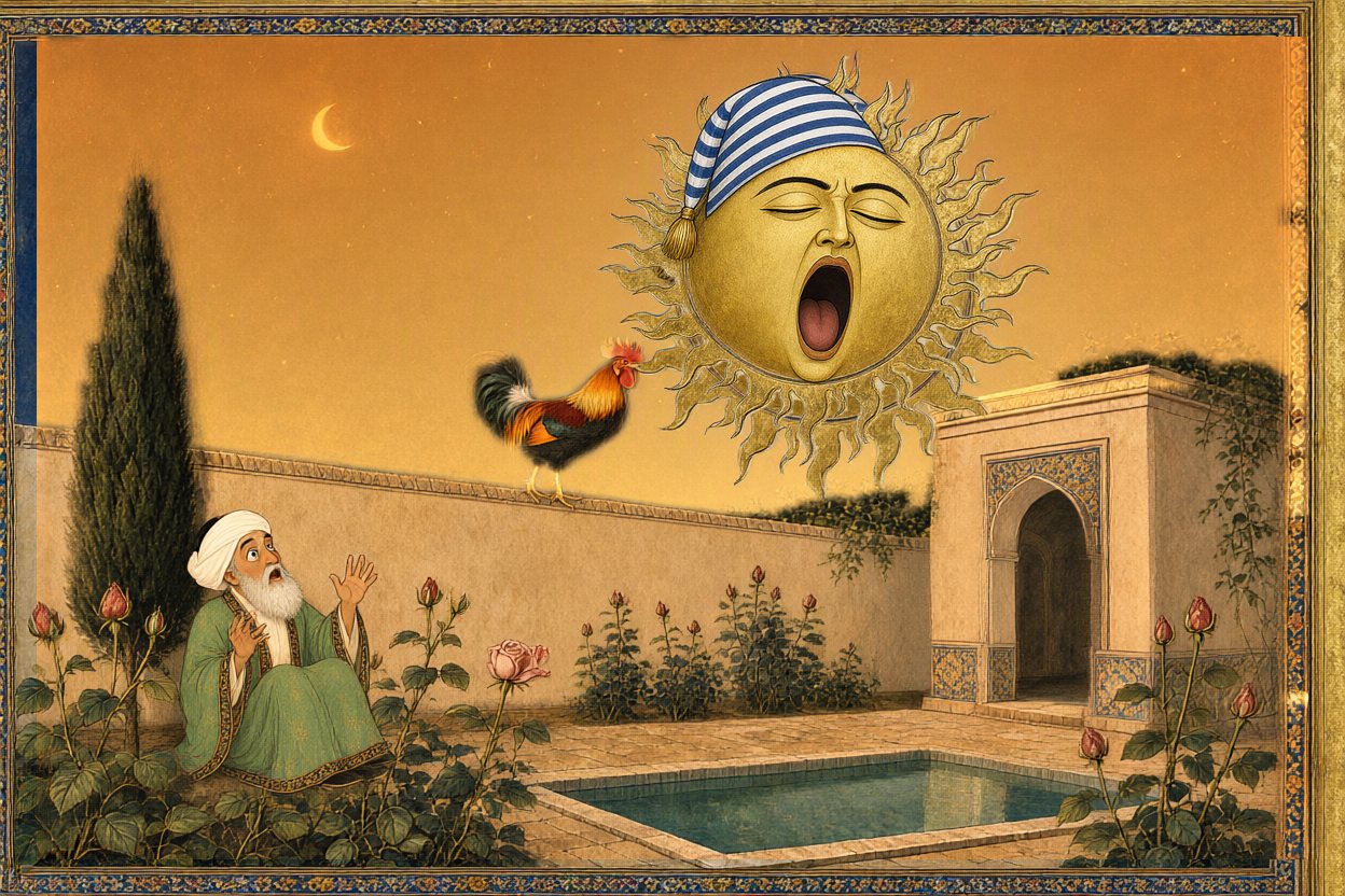 The sun yawns an enormous yawn.