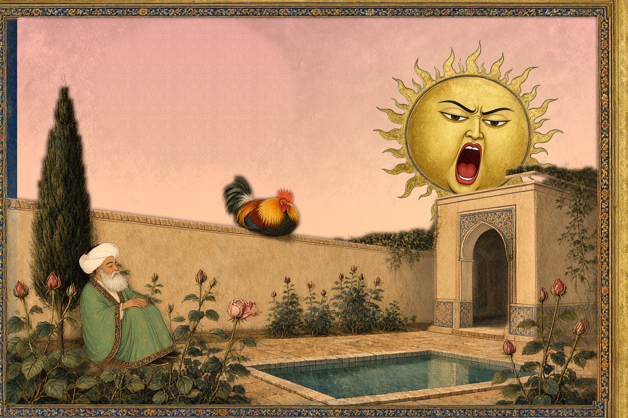At the real dawn, the sun comes up — and shouts.