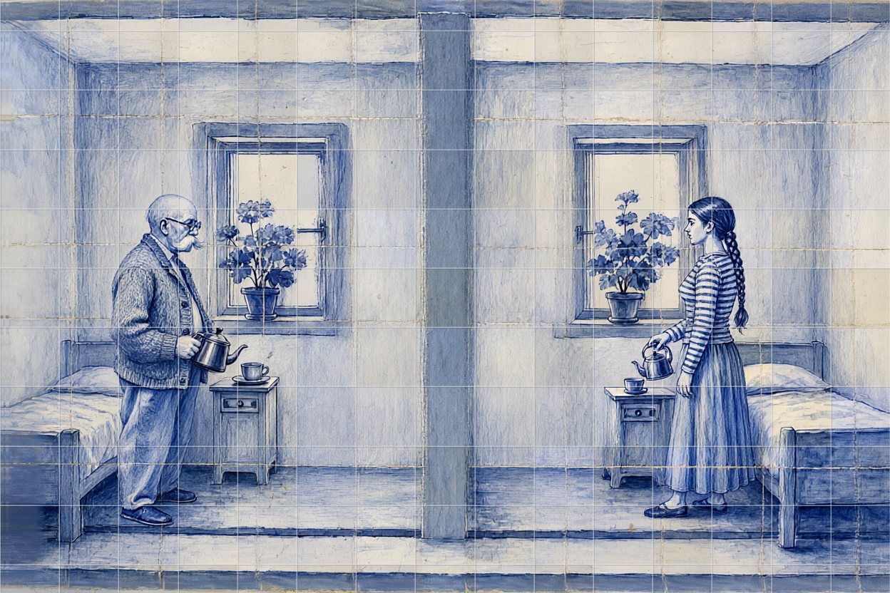 A cutaway of two small flats sharing one wall. Left: an old man pours tea for one. Right: a young woman does the same.