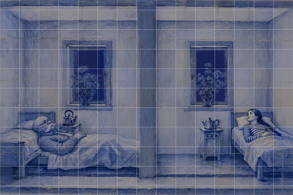 Night. Each lies awake in bed, on either side of the wall.