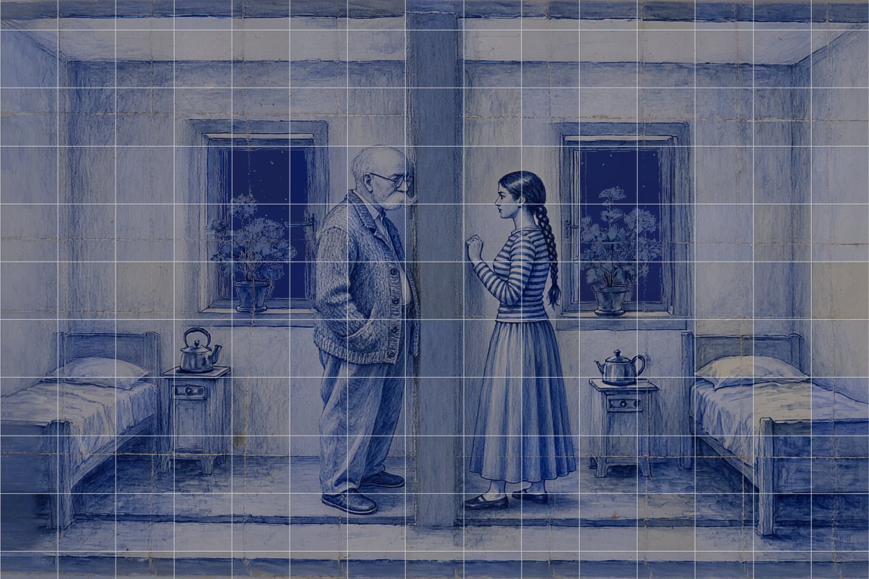 She knocks back, knuckles on the wall. He leans his head against it, eyes closed, listening.