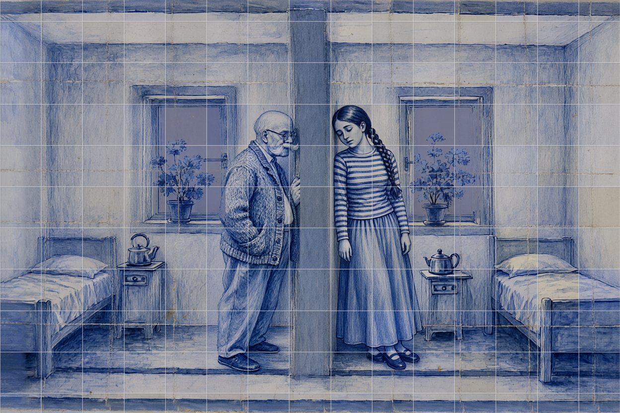 Nearly morning: both lean against the wall, tired; the windows are paling.