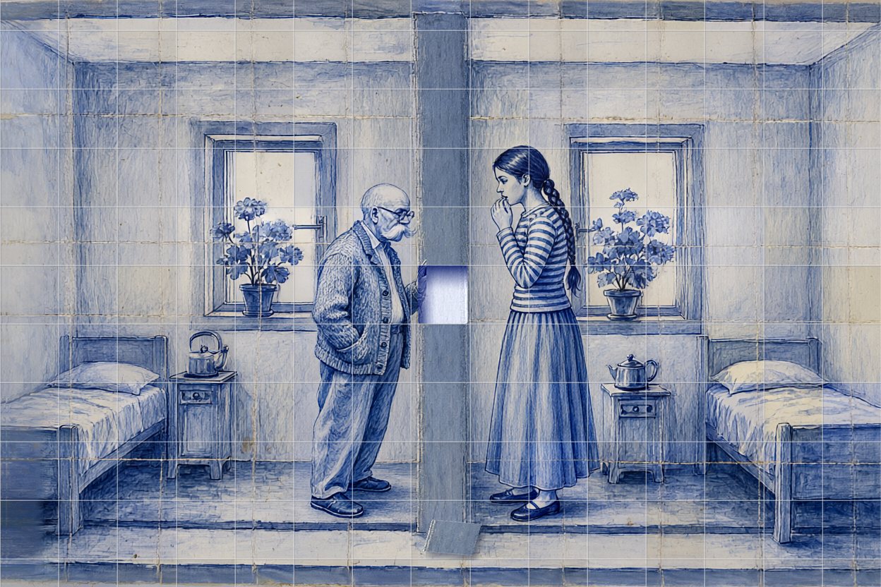 Dawn. A tile has fallen out of the wall, leaving a square hole between them. Both are taken aback.