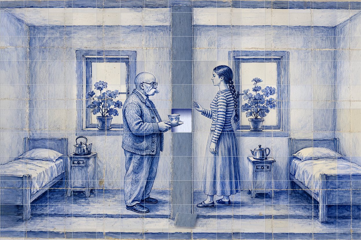 He holds a cup of tea out through the hole; she reaches for it.